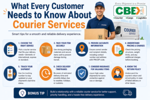 What Every Customer Needs to Know About Courier Services” featuring a courier holding a package, delivery van, CBEX logo, and 8 essential tips including packaging, tracking, pricing, and insurance.