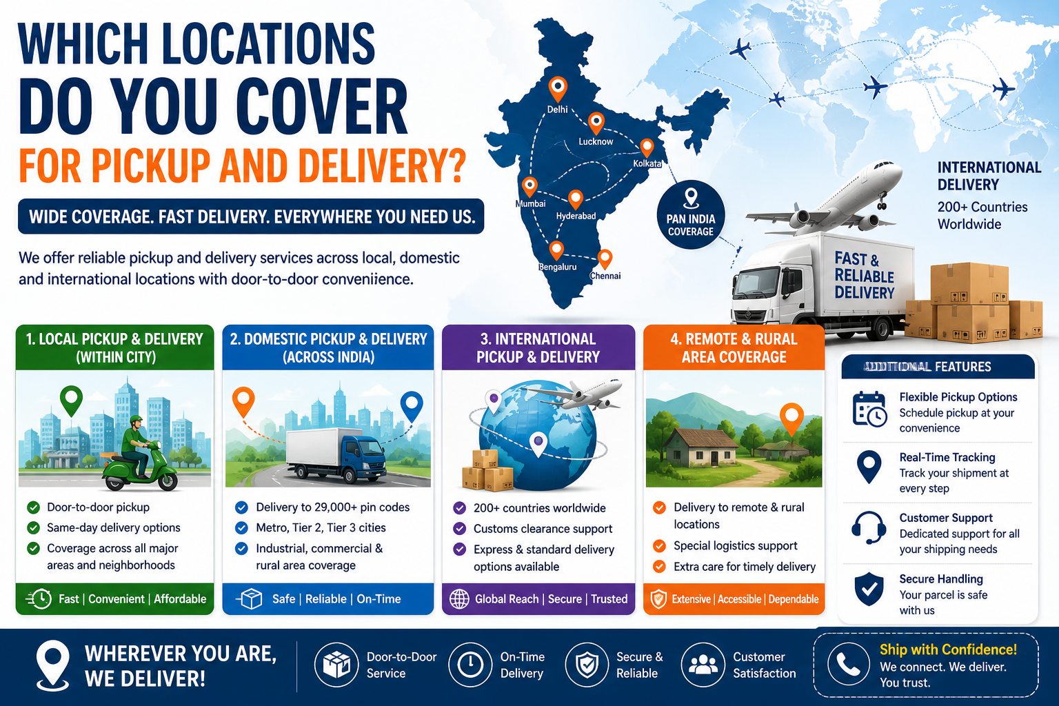 courier pickup and delivery coverage showing local domestic international and remote area shipping services