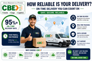 delivery reliability infographic showing 95 percent on time delivery rate courier tracking safe shipping and fast logistics service