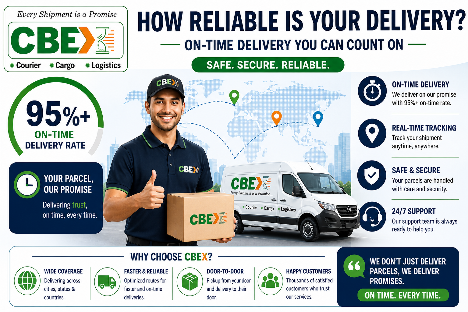 delivery reliability infographic showing 95 percent on time delivery rate courier tracking safe shipping and fast logistics service