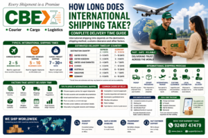 international shipping delivery time guide infographic showing express economy and cargo transit times with customs clearance and global courier tracking