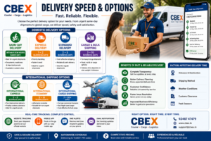 delivery speed and shipping options infographic showing same day express standard cargo and international courier services with real time tracking by CBEX