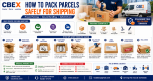 how to pack parcels safely for shipping infographic showing packaging tips bubble wrap secure sealing labeling and courier shipping best practices