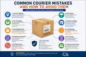 common courier mistakes such as incorrect addresses, poor packaging, missing documentation, lack of insurance, improper labeling, and shipment tracking, with practical tips to ensure safe and timely deliveries.