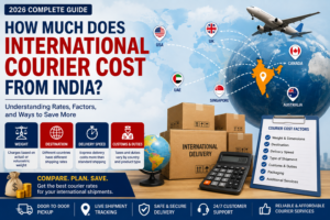 International courier cost from India showing parcel shipping, cargo airplane, delivery boxes, and global destinations