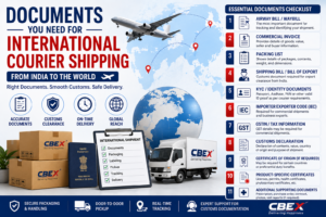 Documents required for international courier shipping from India, including invoice, packing list, KYC documents, customs declaration, and airway bill