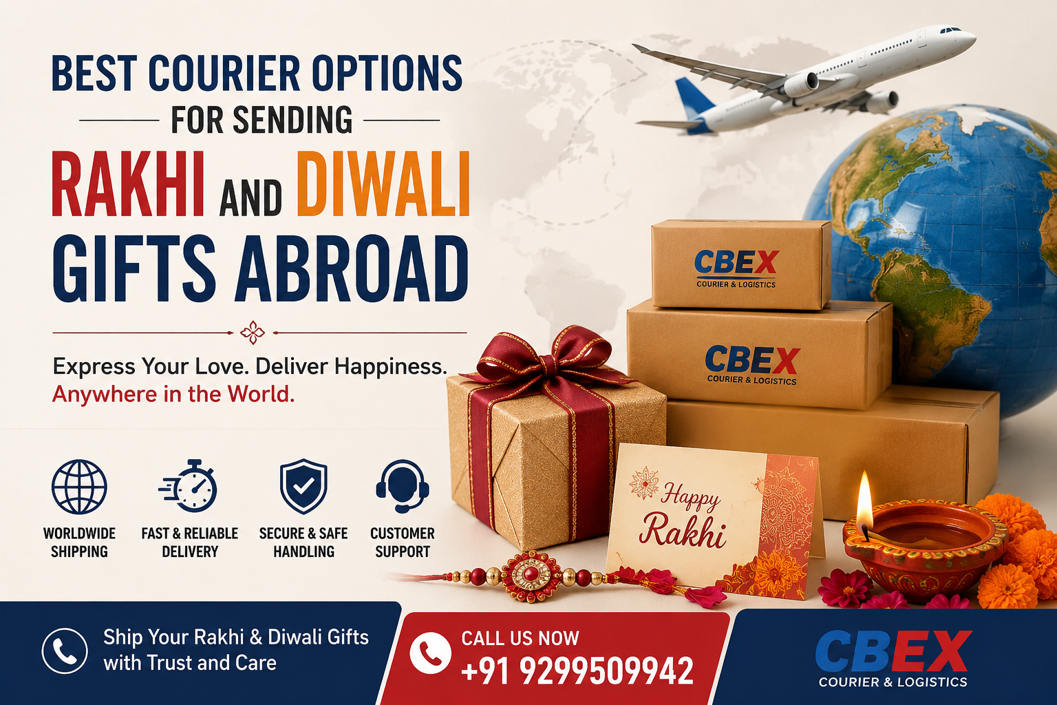 Send Rakhi and Diwali gifts abroad with CBEX. Enjoy secure international courier services, fast delivery, tracking,