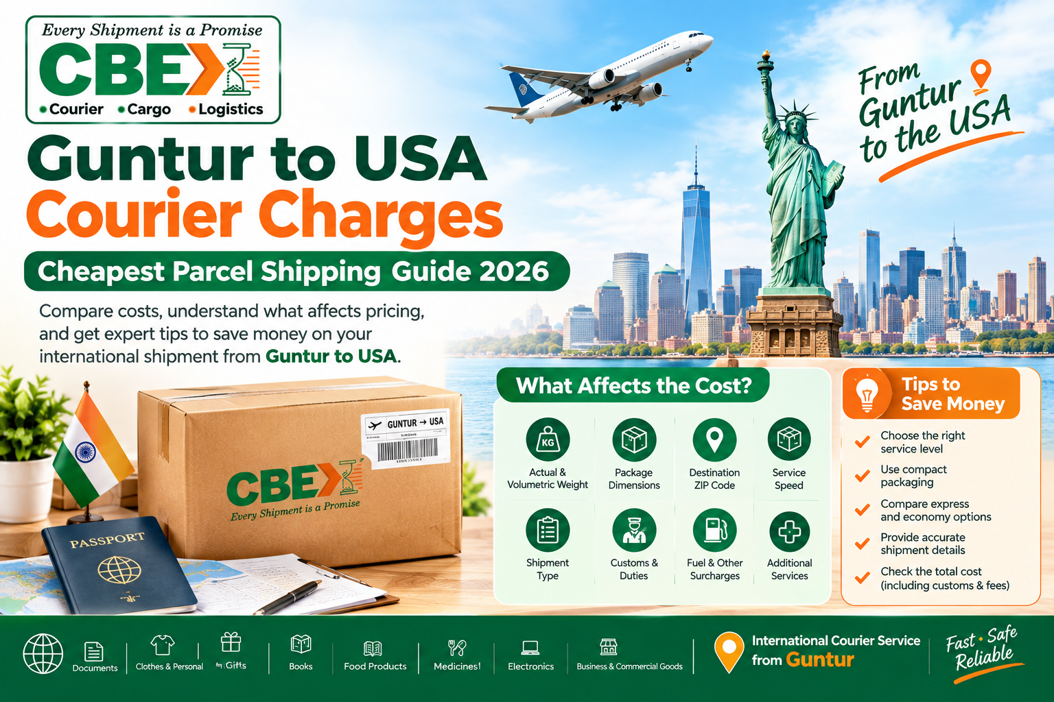 Discover Guntur to USA courier charges, cost factors, volumetric weight, customs, delivery.